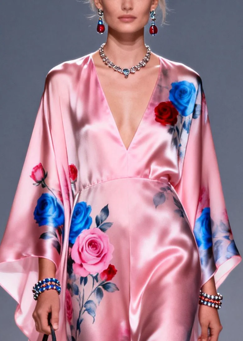 Fashion Pink Oversized Floral Print Silk Vacation Dress Summer - Image 2