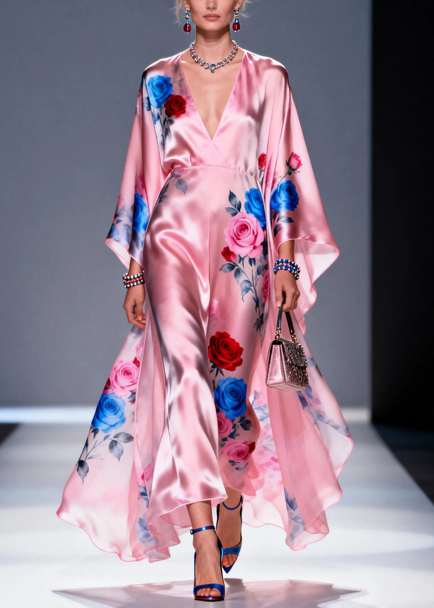 Fashion Pink Oversized Floral Print Silk Vacation Dress Summer - Image 3