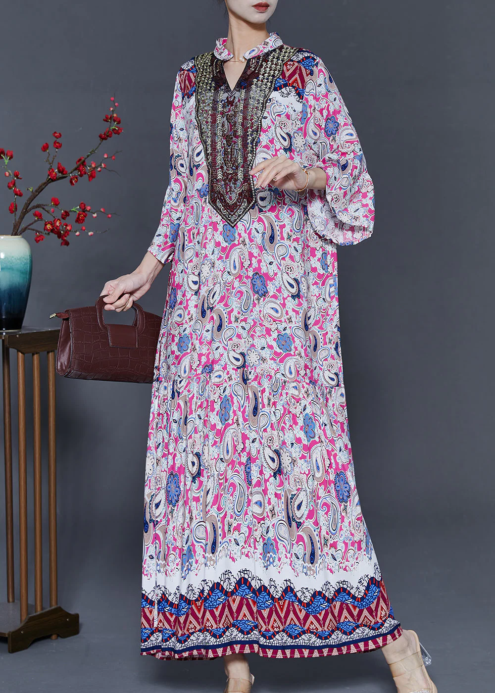 Fashion Pink Oversized Print Cotton Ankle Dress Summer - Image 2