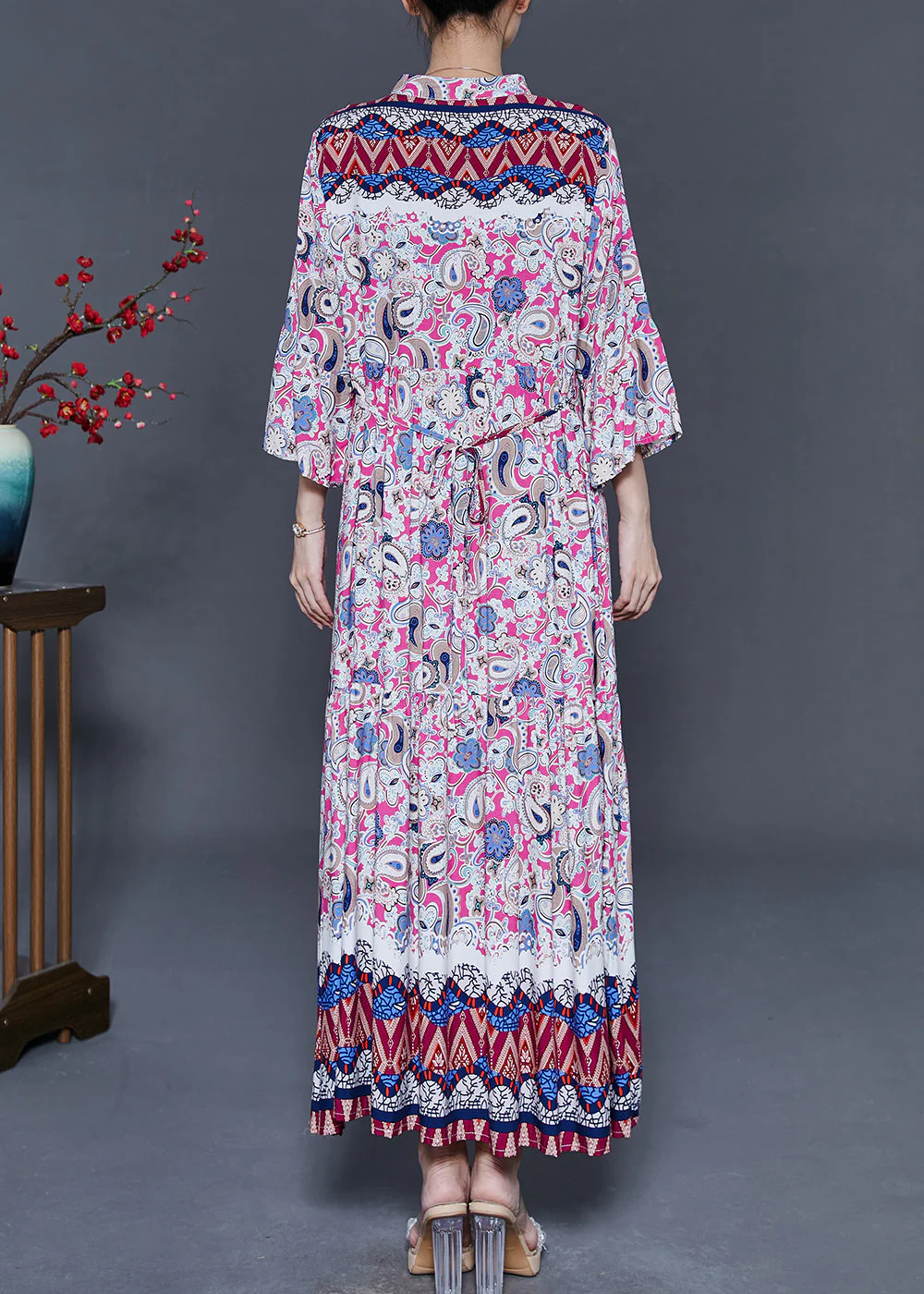 Fashion Pink Oversized Print Cotton Ankle Dress Summer - Image 4