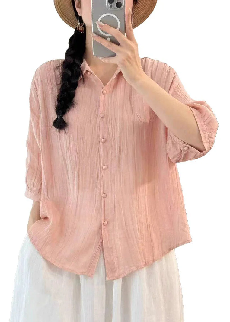 Fashion Pink Oversized Wrinkled Cotton Shirt Top Bracelet Sleeve - Image 5