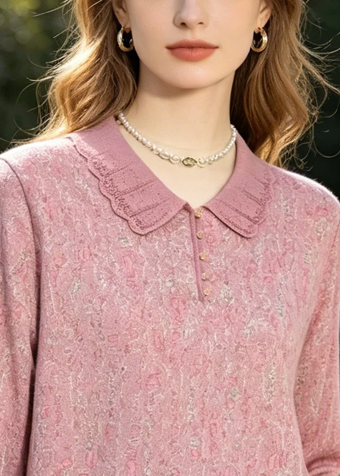 Fashion Pink Peter Pan Collar Print Cotton Shirt Top Summer - Image 2