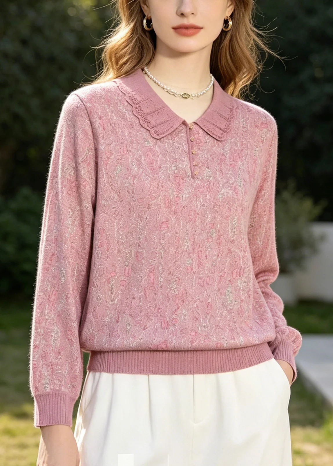 Fashion Pink Peter Pan Collar Print Cotton Shirt Top Summer - Image 5
