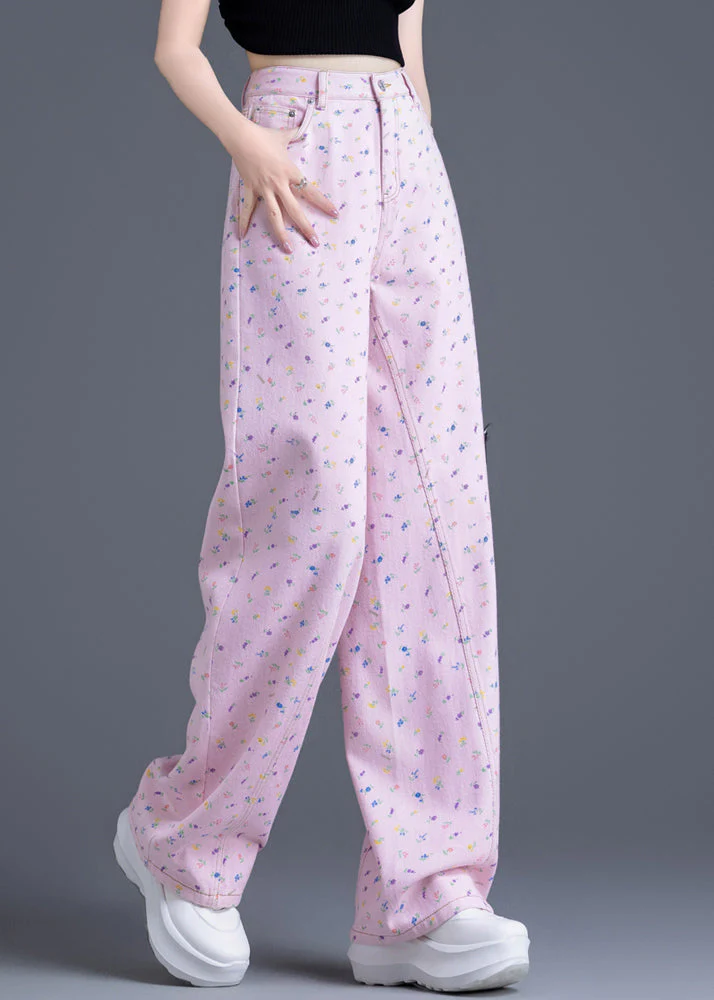 Fashion Pink Pockets Print Denim Straight Pants Spring - Image 2