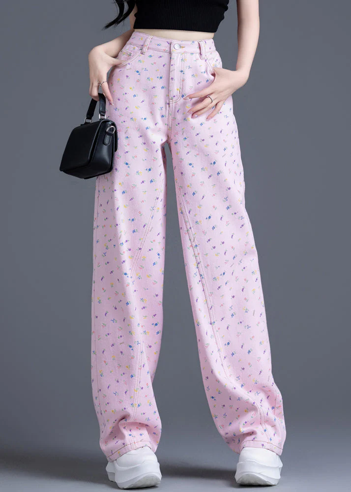 Fashion Pink Pockets Print Denim Straight Pants Spring - Image 3