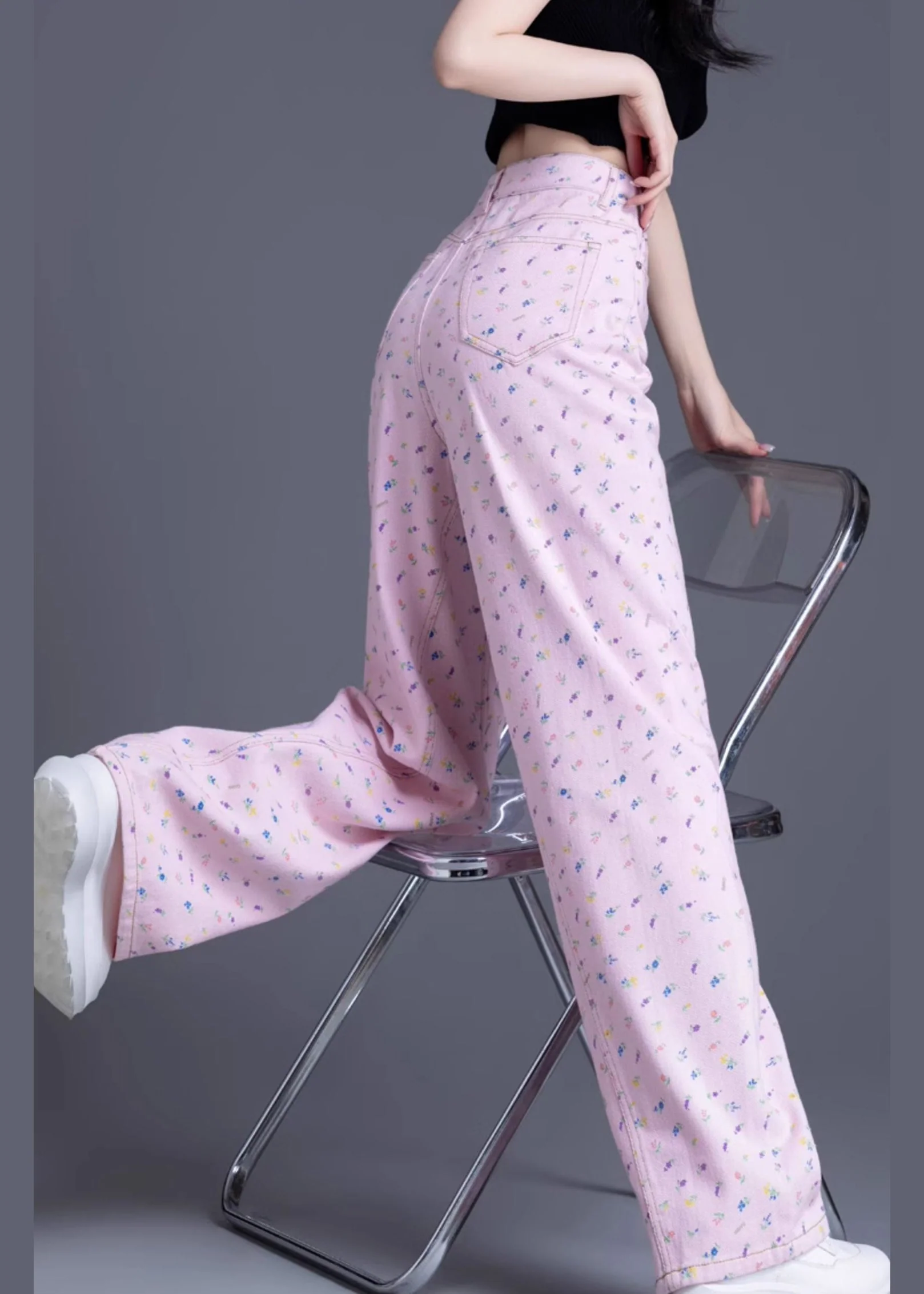 Fashion Pink Pockets Print Denim Straight Pants Spring - Image 5