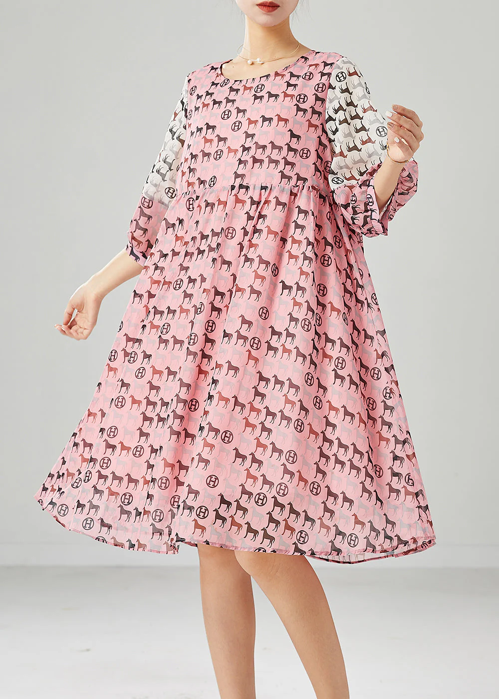 Fashion Pink Pony Print Patchwork Chiffon Dress Summer - Image 2