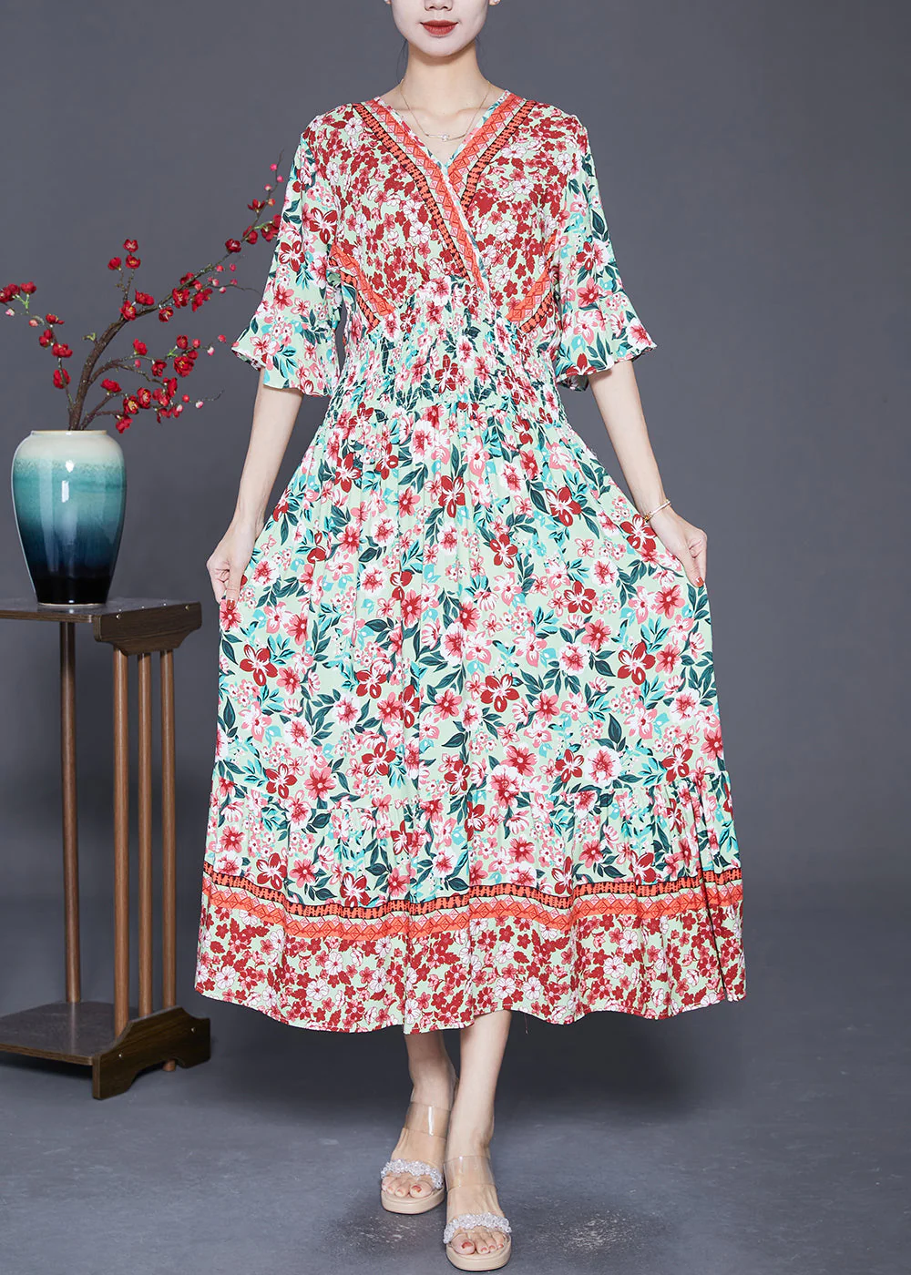 Fashion Pink Print Exra Large Hem Cotton Maxi Dresses Summer - Image 2