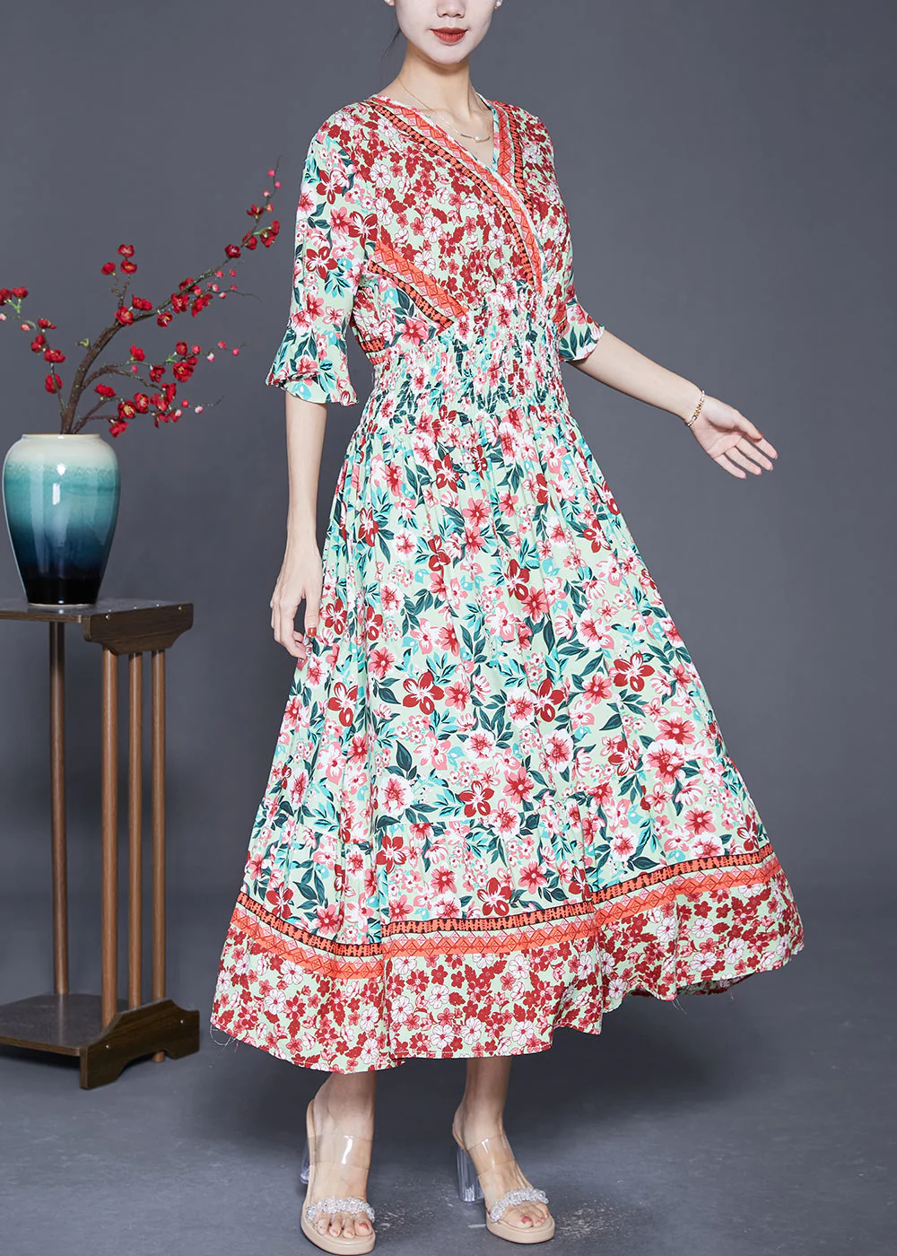 Fashion Pink Print Exra Large Hem Cotton Maxi Dresses Summer - Image 3