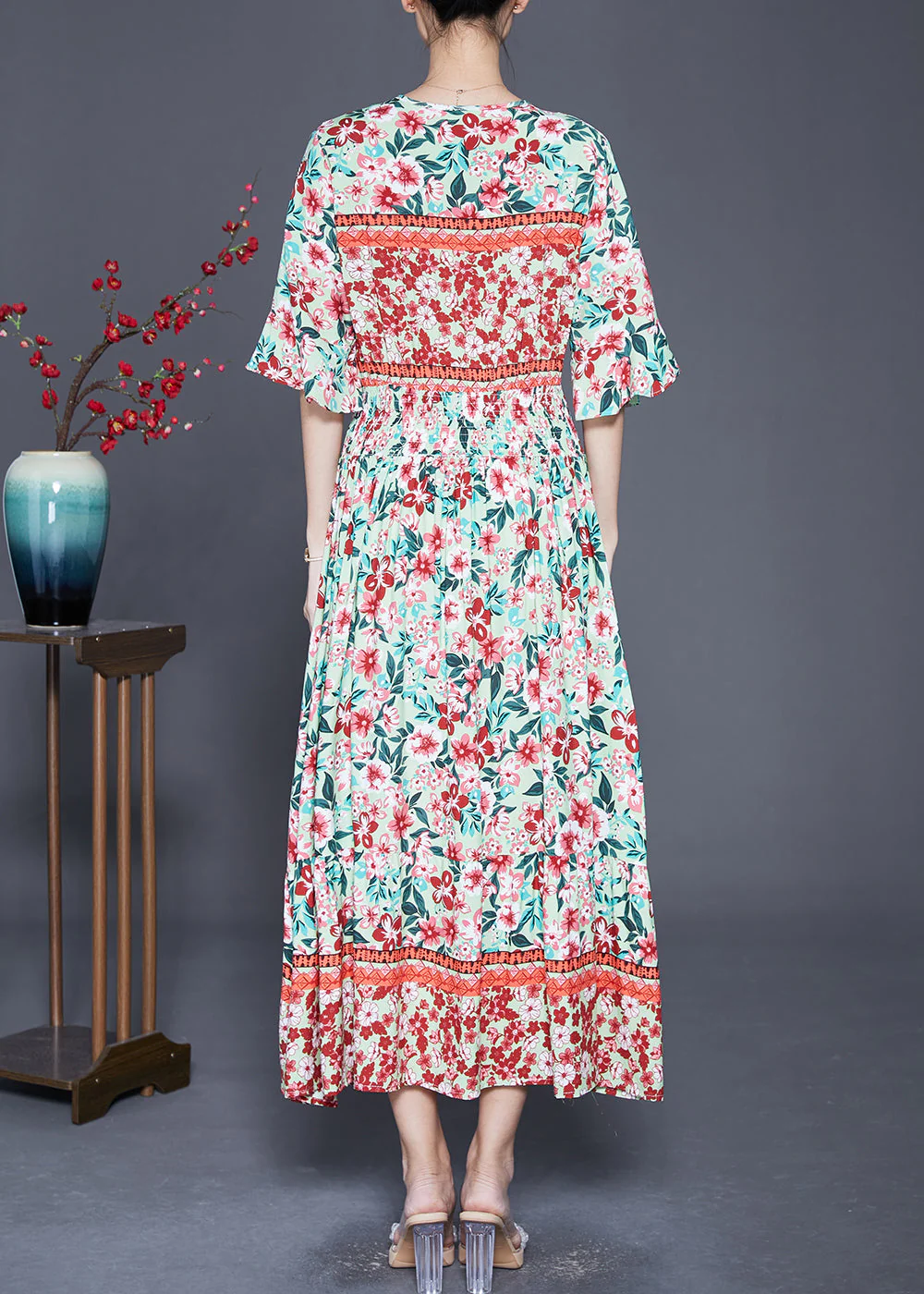 Fashion Pink Print Exra Large Hem Cotton Maxi Dresses Summer - Image 4