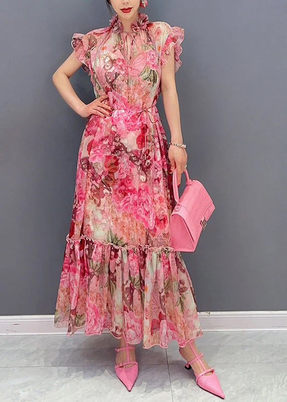 Fashion Pink Ruffled Print Patchwork Dress Sets 2 Pieces Summer - Image 2