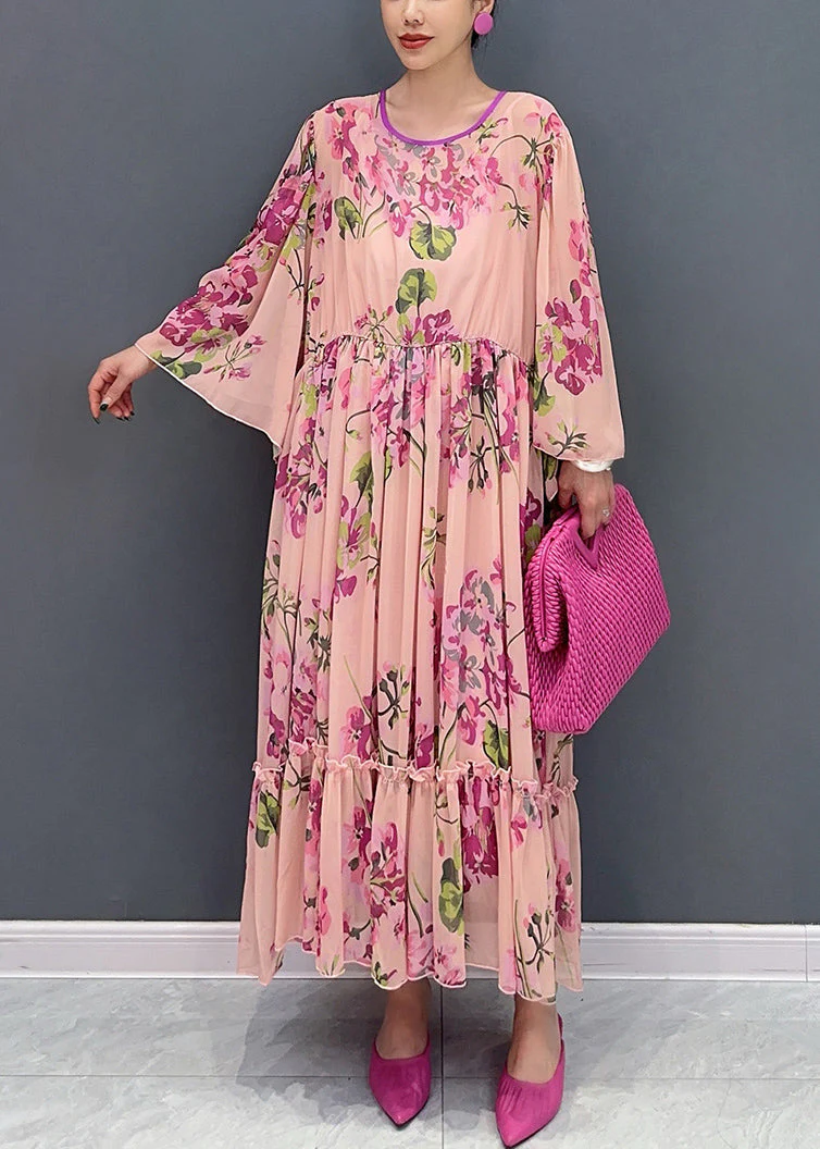 Fashion Pink Ruffled Print Tie Waist Chiffon Dress Flare Sleeve - Image 2