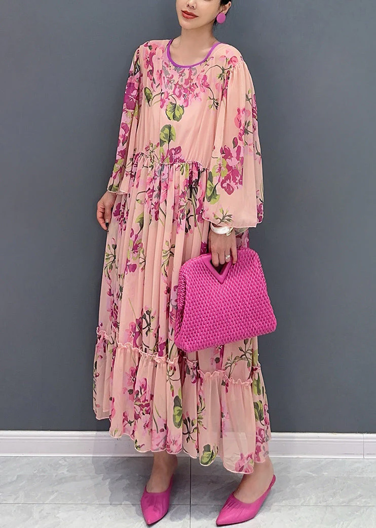 Fashion Pink Ruffled Print Tie Waist Chiffon Dress Flare Sleeve - Image 3