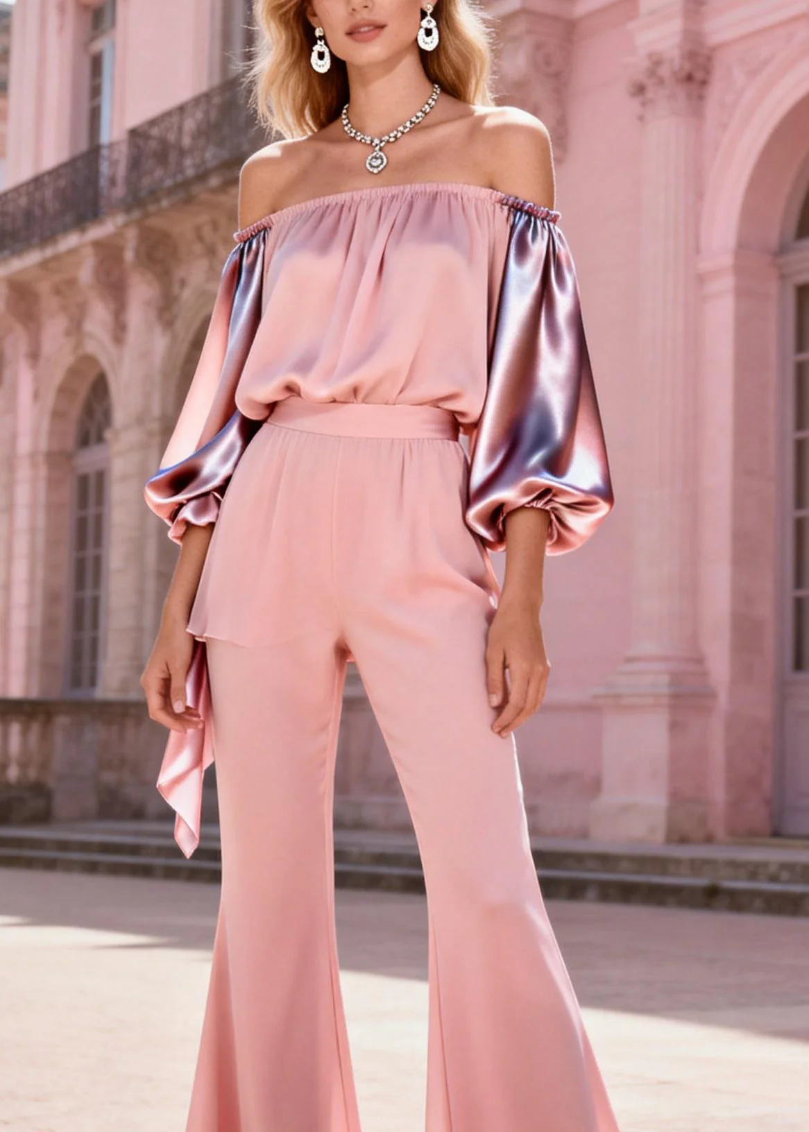 Fashion Pink Slash Neck Cold Shoulder Patchwork Silk Two-Piece Set Spring - Image 2