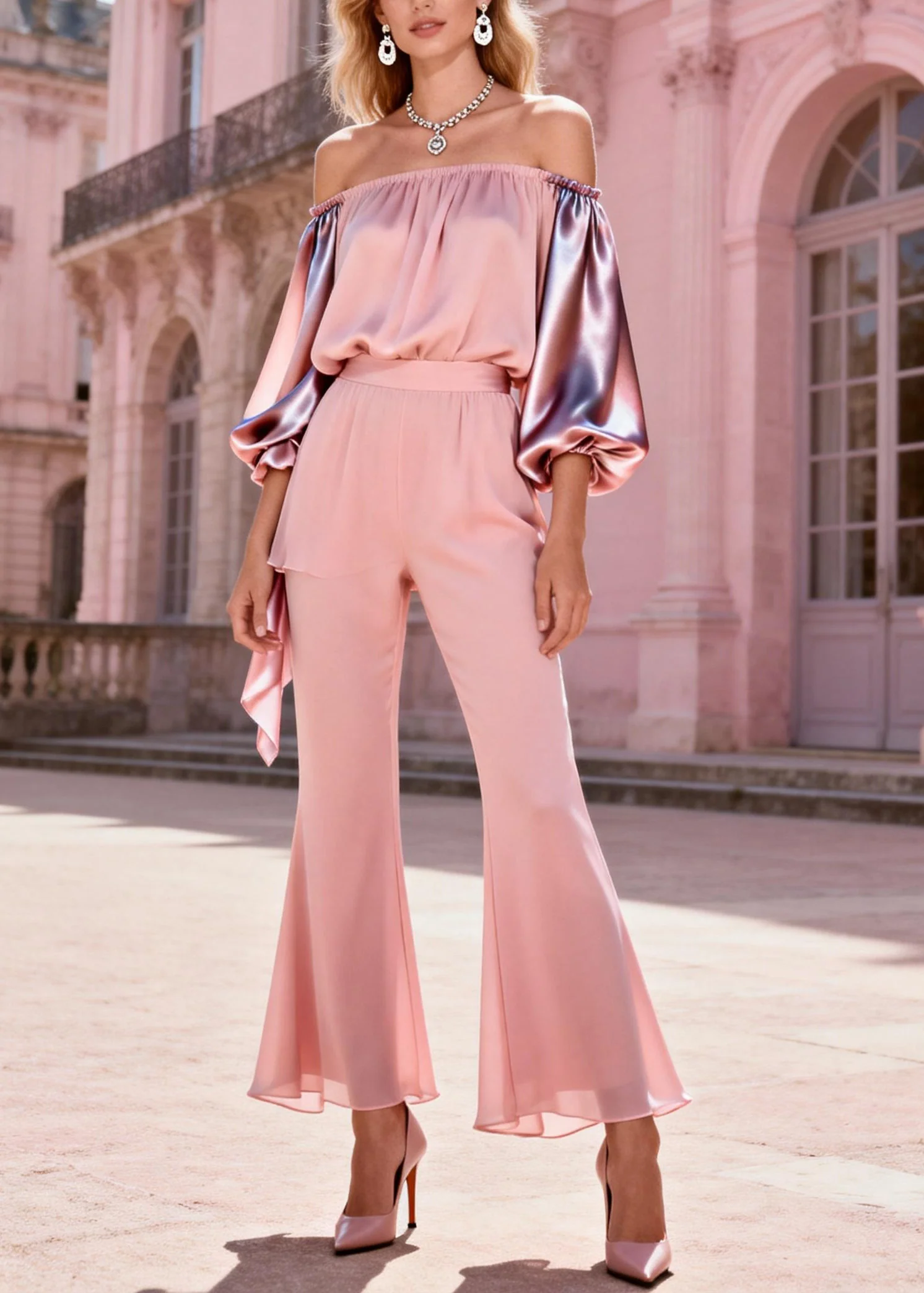 Fashion Pink Slash Neck Cold Shoulder Patchwork Silk Two-Piece Set Spring - Image 5