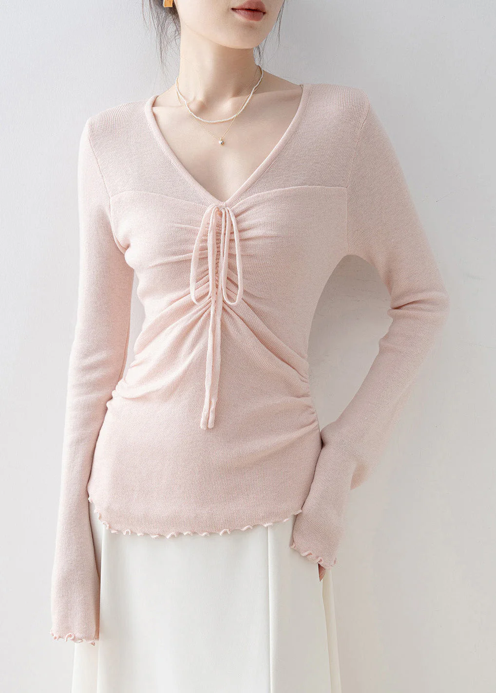 Fashion Pink V Neck Bow Knit Top Flare Sleeve - Image 2