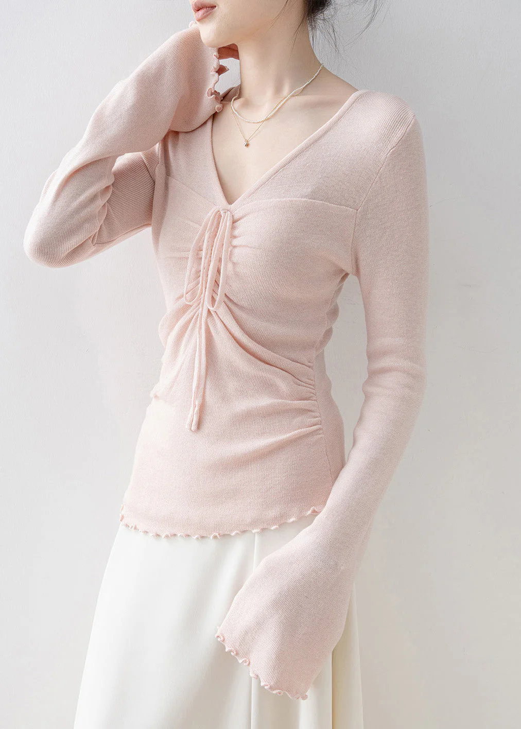 Fashion Pink V Neck Bow Knit Top Flare Sleeve - Image 3