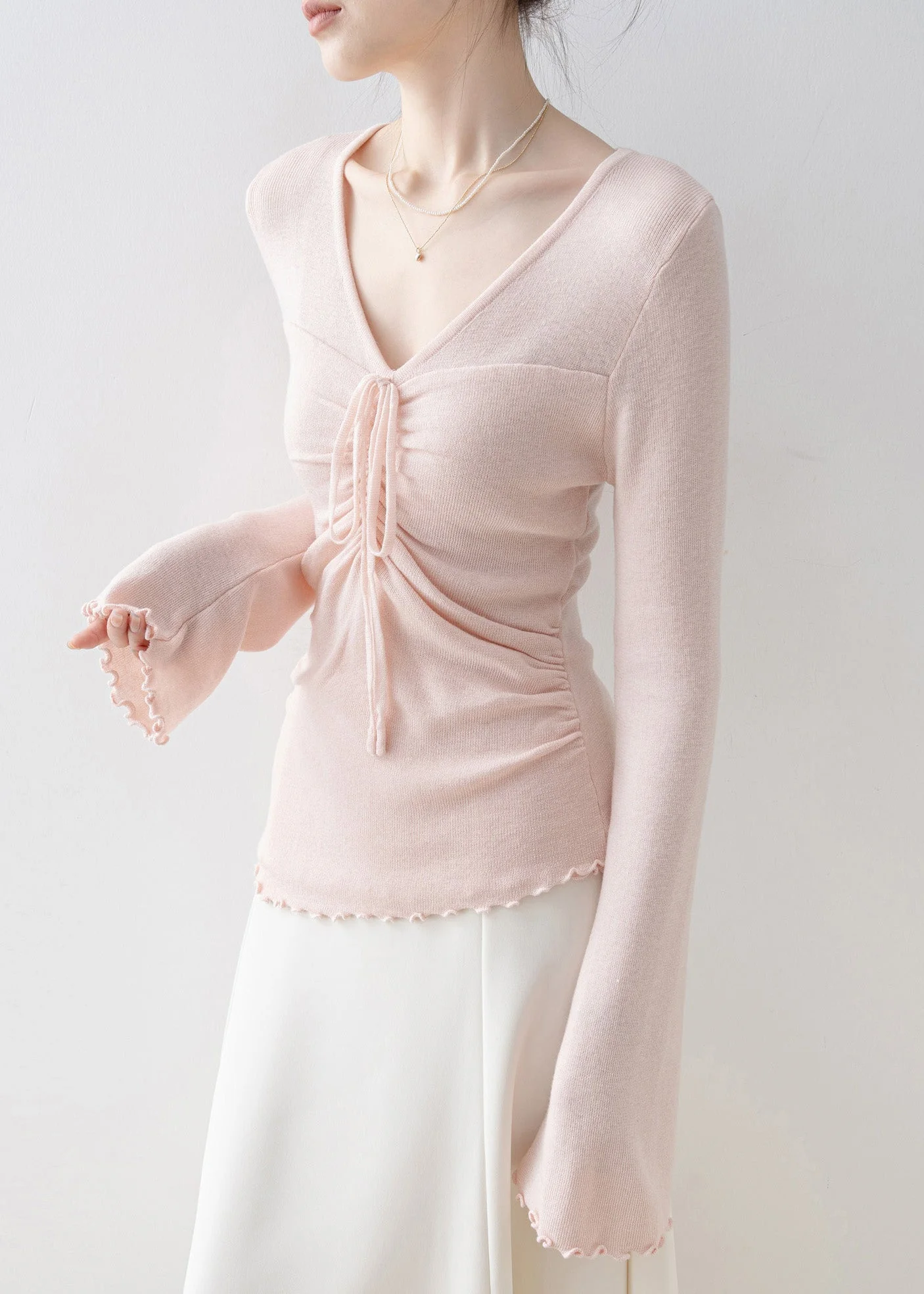 Fashion Pink V Neck Bow Knit Top Flare Sleeve - Image 4