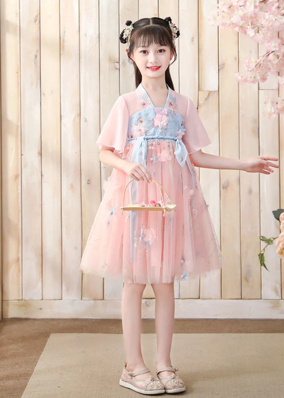 Fashion Pink V Neck Embroideried Layered Tulle Kids Mid Dress Short Sleeve - Image 2