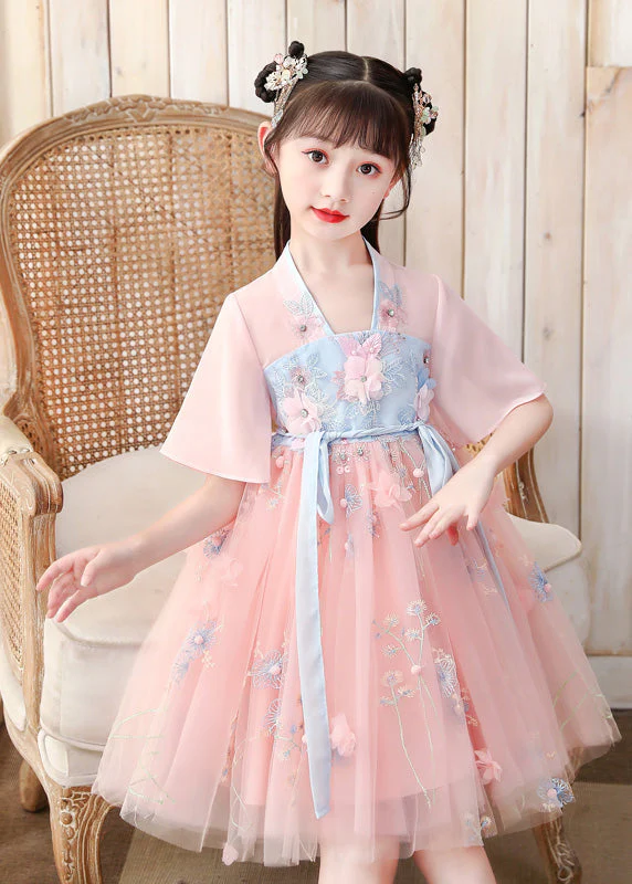 Fashion Pink V Neck Embroideried Layered Tulle Kids Mid Dress Short Sleeve - Image 3