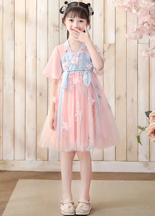 Fashion Pink V Neck Embroideried Layered Tulle Kids Mid Dress Short Sleeve - Image 4