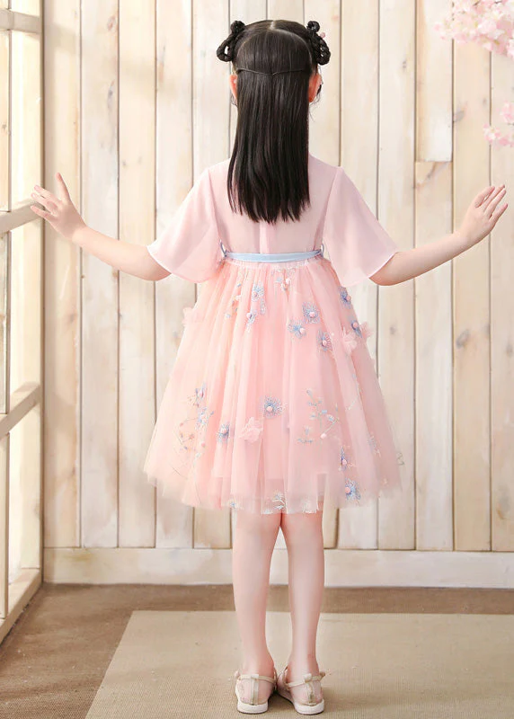 Fashion Pink V Neck Embroideried Layered Tulle Kids Mid Dress Short Sleeve - Image 5