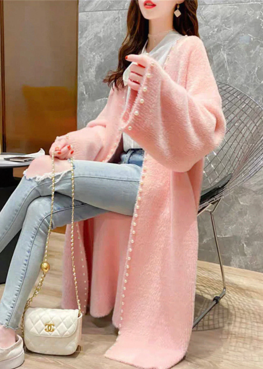 Fashion Pink V Neck Pearl Knit Cardigan Spring - Image 4