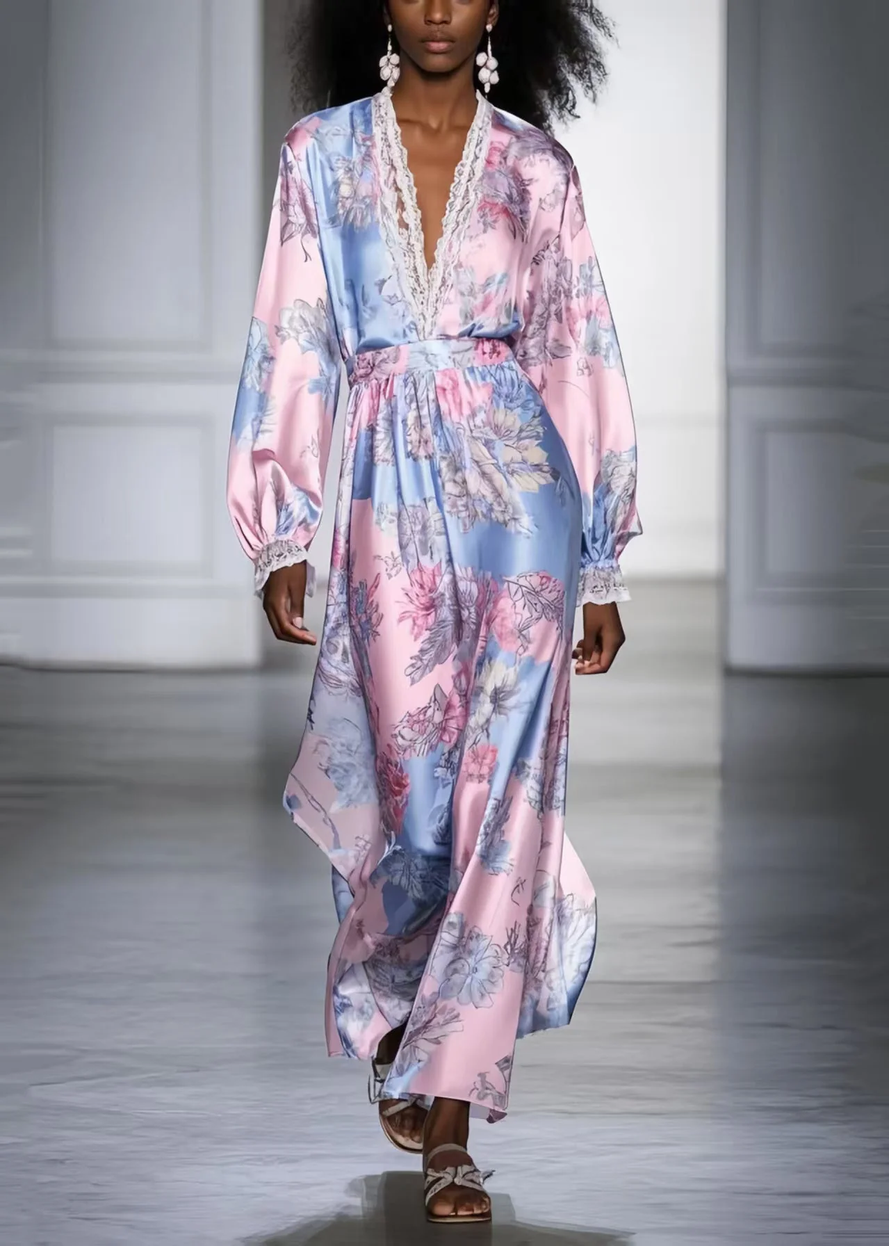 Fashion Pink V Neck Print Silk Vacation Dresses Spring - Image 3