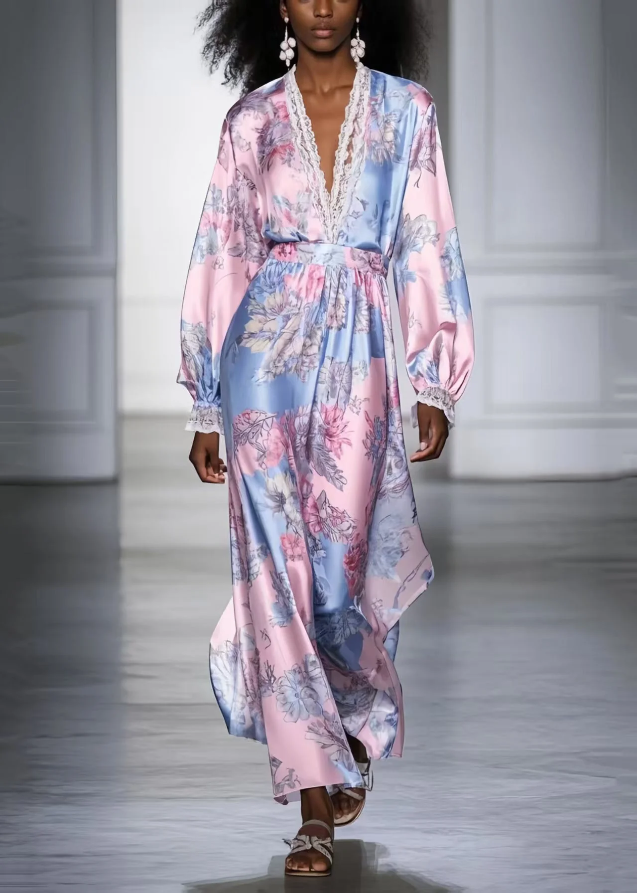 Fashion Pink V Neck Print Silk Vacation Dresses Spring - Image 5