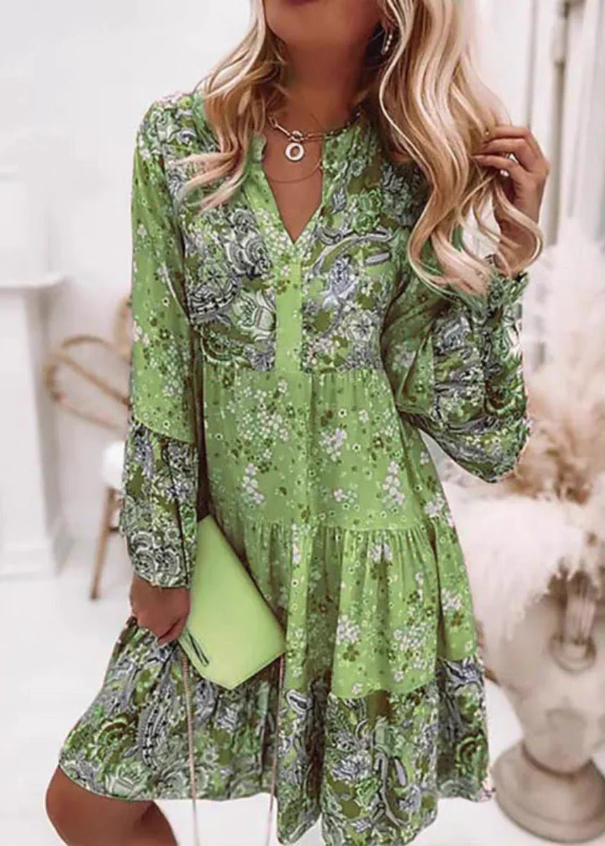 Fashion Pink V Neck Print Wrinkled Mid Dresses Fall - Image 2