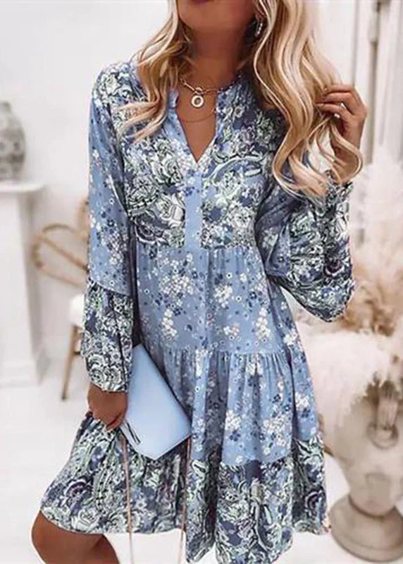 Fashion Pink V Neck Print Wrinkled Mid Dresses Fall - Image 3