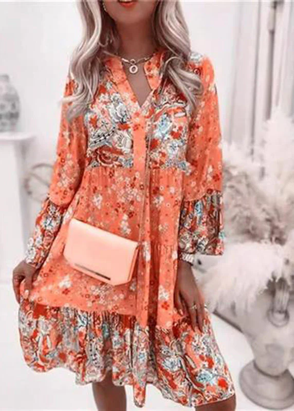 Fashion Pink V Neck Print Wrinkled Mid Dresses Fall - Image 4