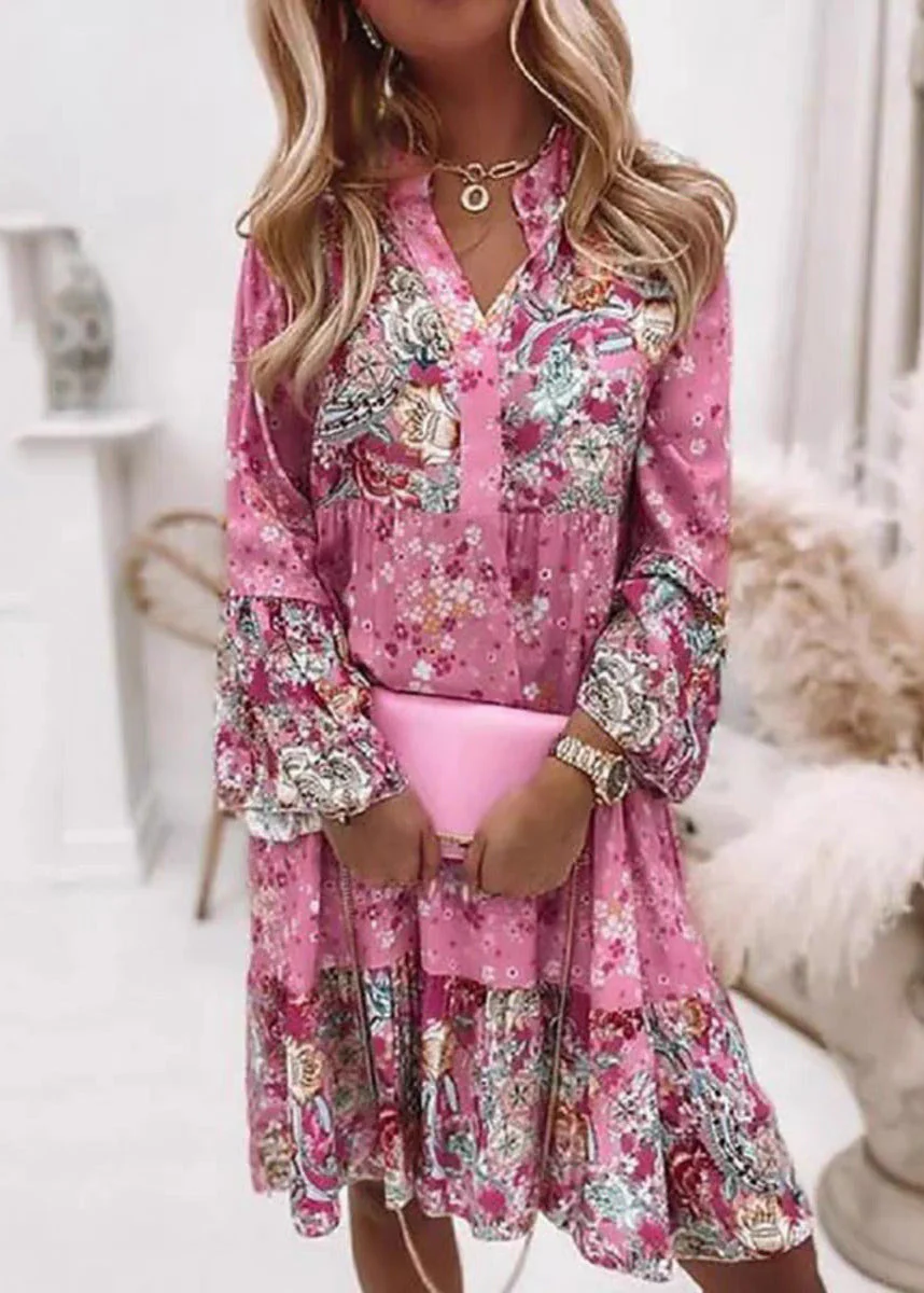 Fashion Pink V Neck Print Wrinkled Mid Dresses Fall - Image 5