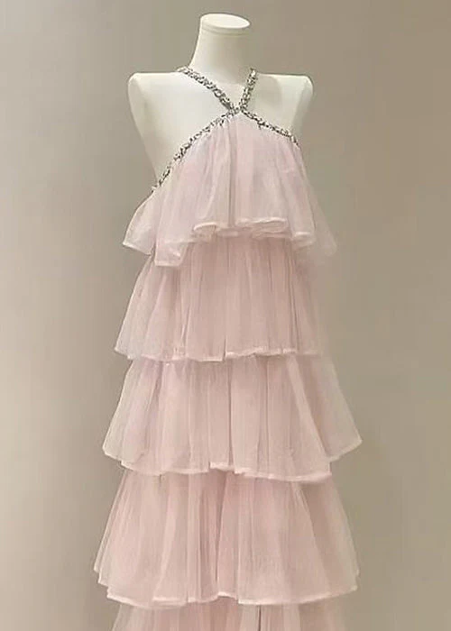 Fashion Pink Zircon High Waist Solid Tulle Long Dress Sleeveless - Image 3