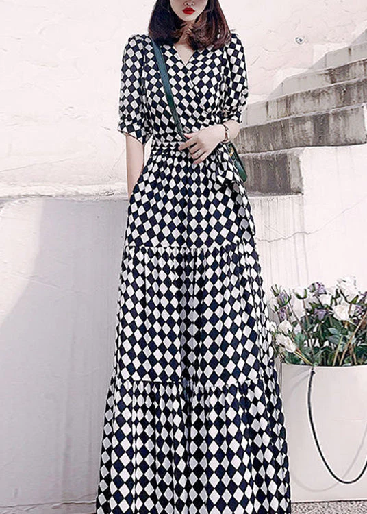 Fashion Plaid V Neck High Waist Patchwork Cotton Long Dresses Summer - Image 2