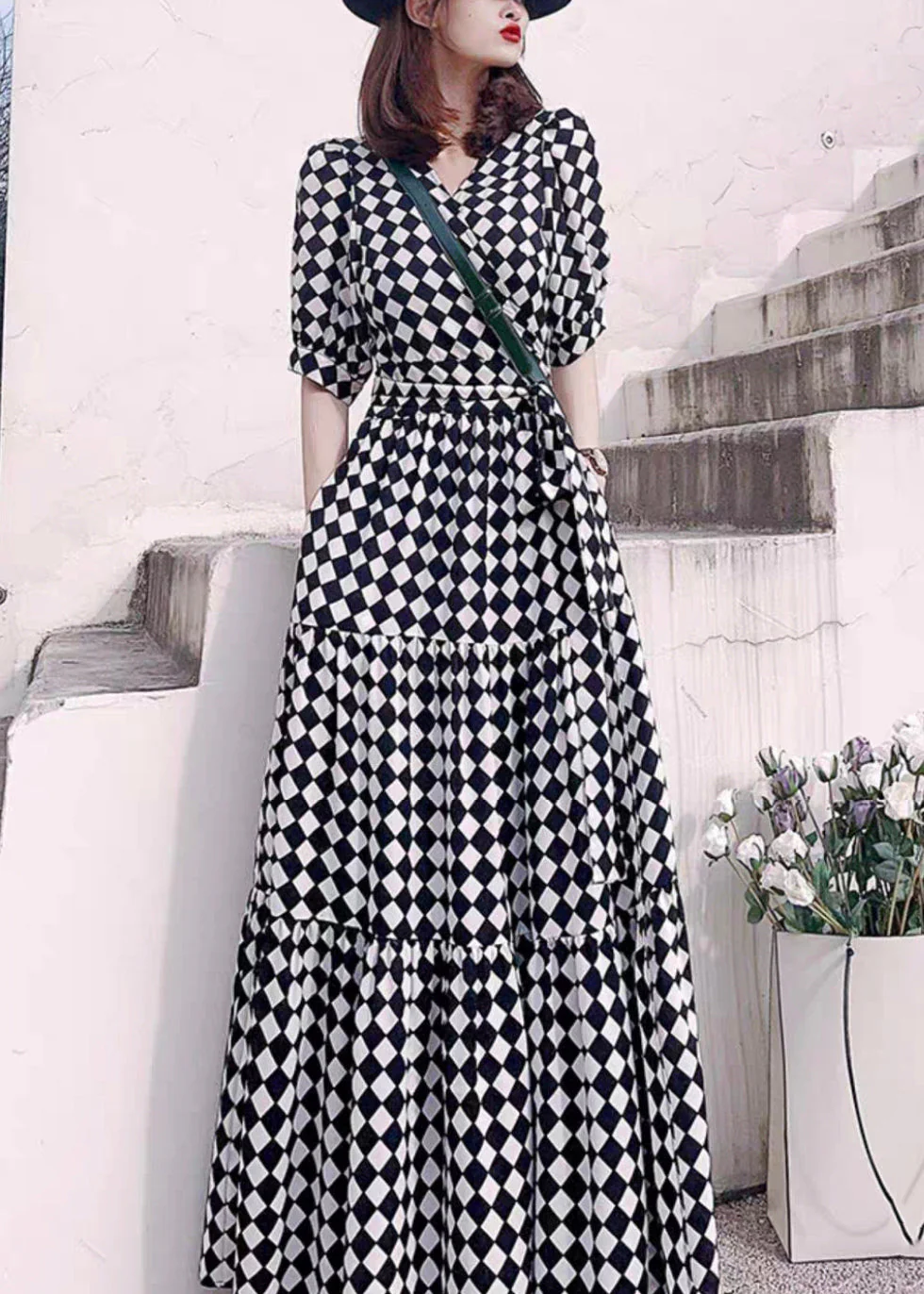 Fashion Plaid V Neck High Waist Patchwork Cotton Long Dresses Summer - Image 3