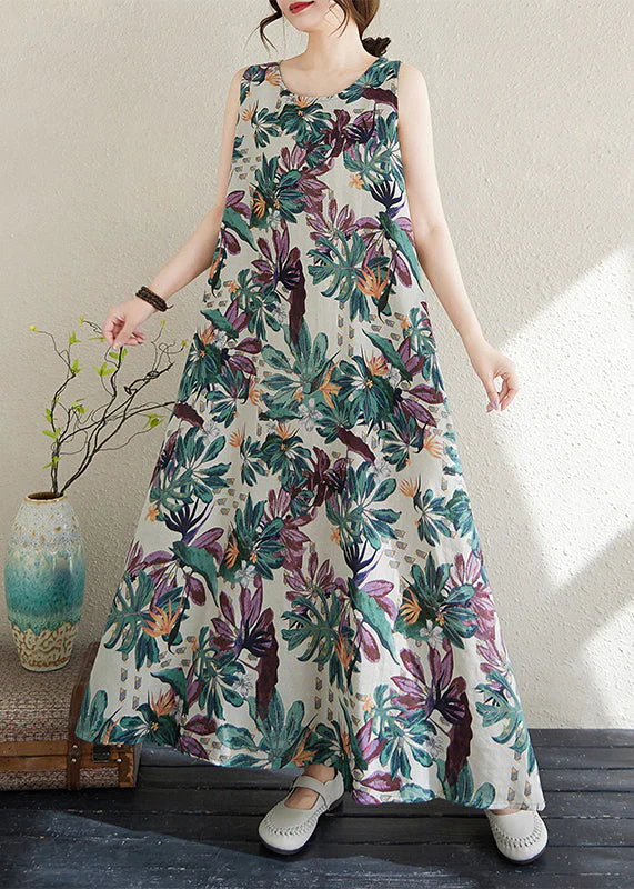 Fashion Print Exra Large Hem Cotton Loose Dress Sleeveless - Image 3