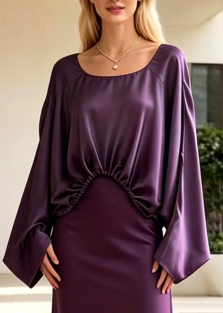 Fashion Purple Asymmetrical Design Draping Silk Two Pieces Set Batwing Sleeve - Image 2