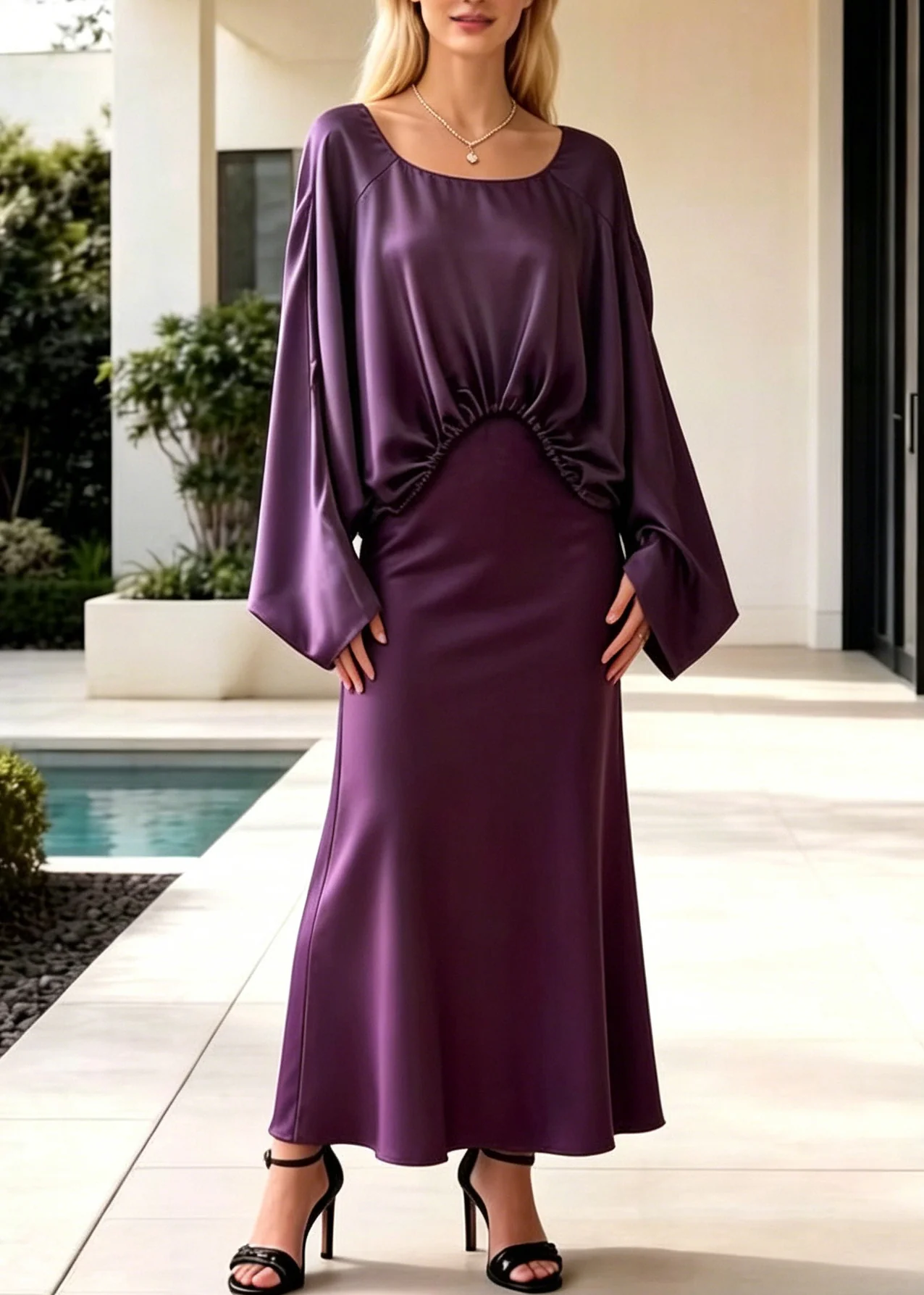 Fashion Purple Asymmetrical Design Draping Silk Two Pieces Set Batwing Sleeve - Image 3