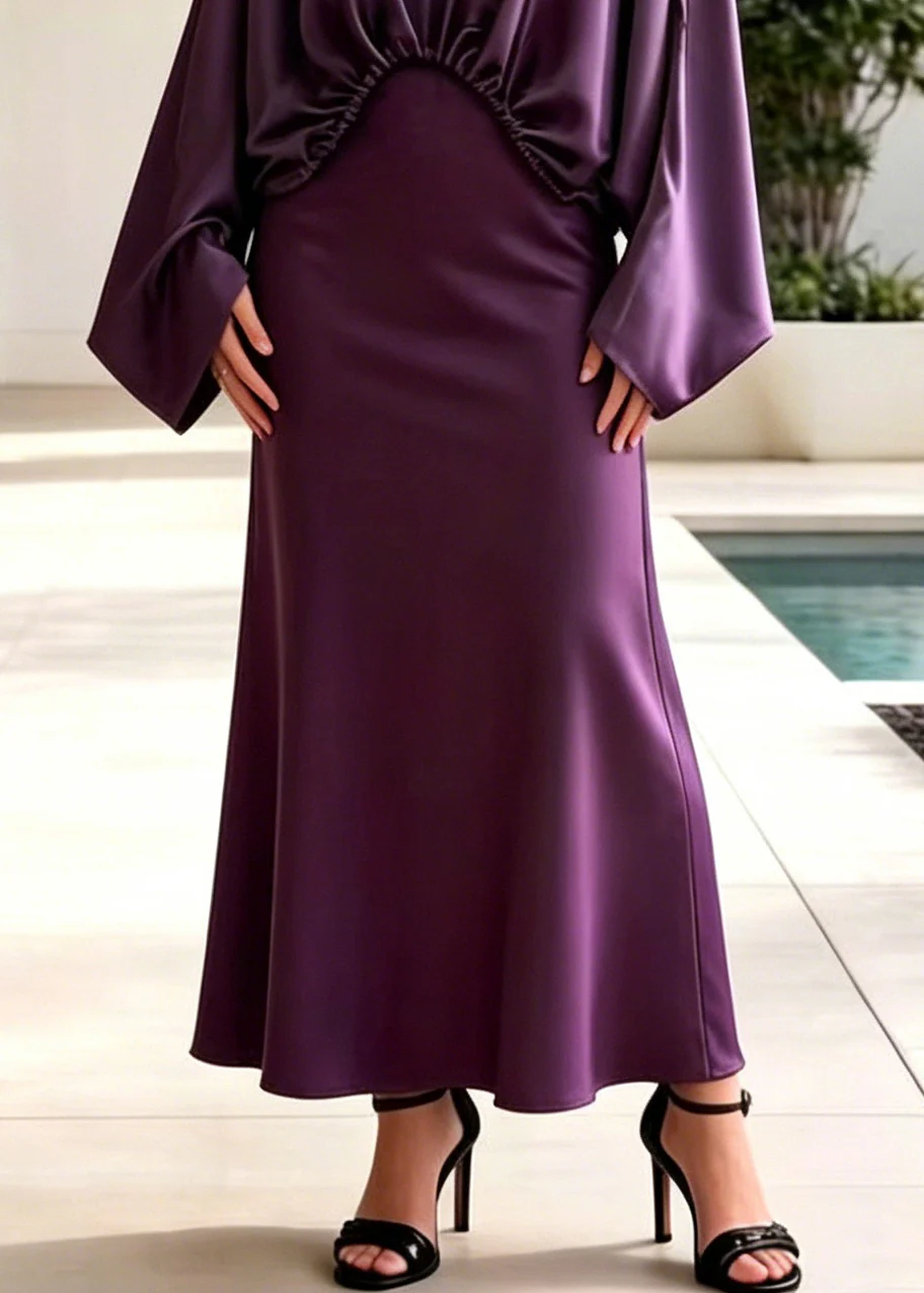 Fashion Purple Asymmetrical Design Draping Silk Two Pieces Set Batwing Sleeve - Image 4