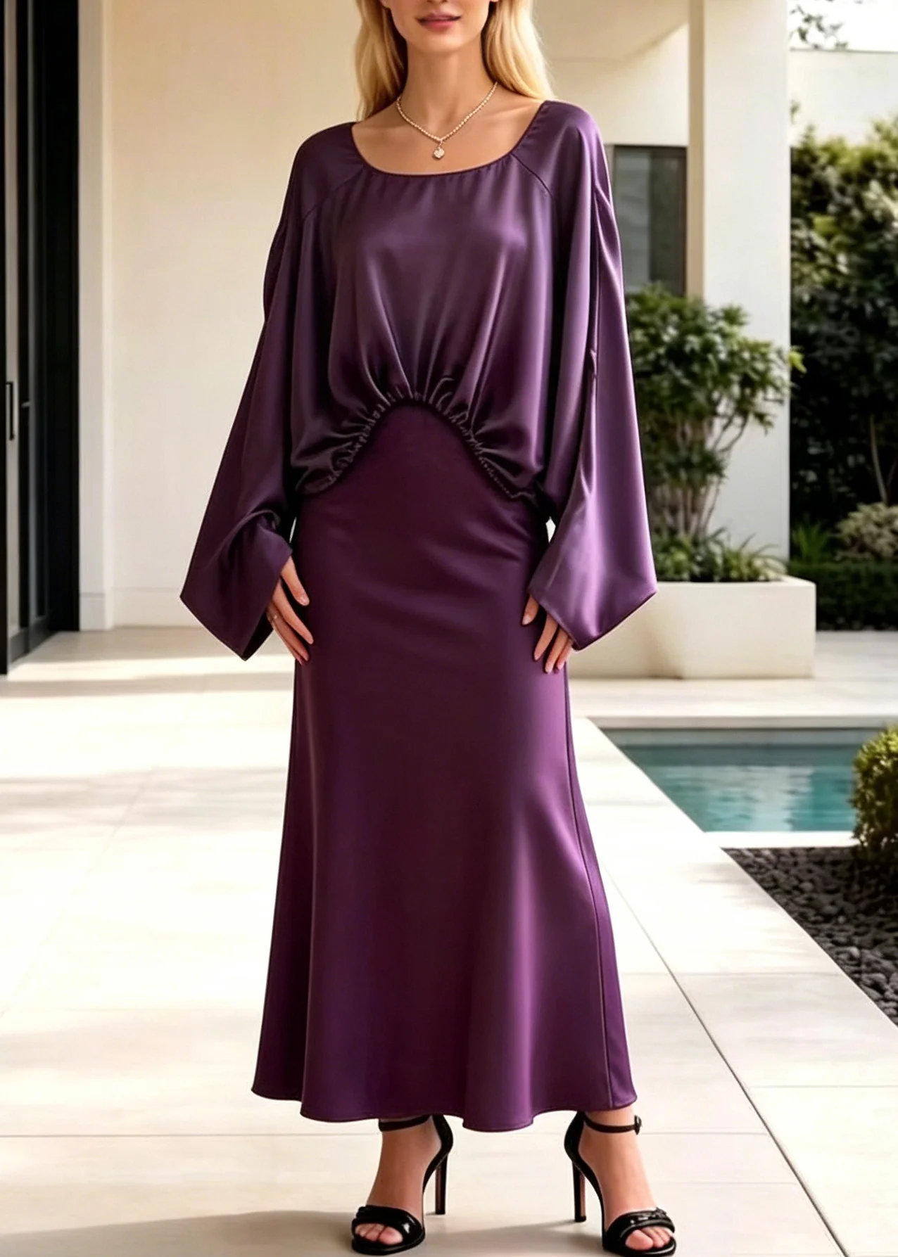 Fashion Purple Asymmetrical Design Draping Silk Two Pieces Set Batwing Sleeve - Image 5