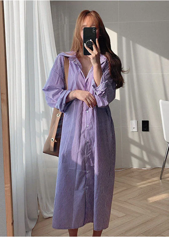 Fashion Purple Peter Pan Collar Striped Cotton Shirt Dresses Spring - Image 2