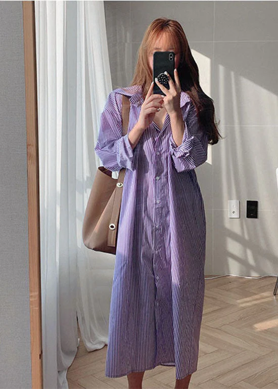 Fashion Purple Peter Pan Collar Striped Cotton Shirt Dresses Spring - Image 3