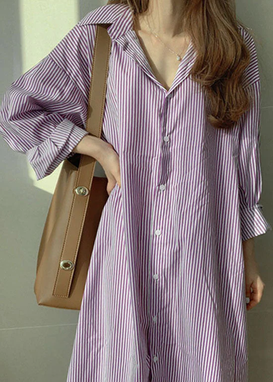 Fashion Purple Peter Pan Collar Striped Cotton Shirt Dresses Spring - Image 4