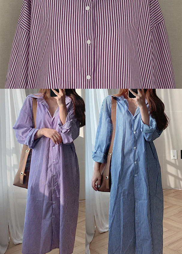 Fashion Purple Peter Pan Collar Striped Cotton Shirt Dresses Spring - Image 5