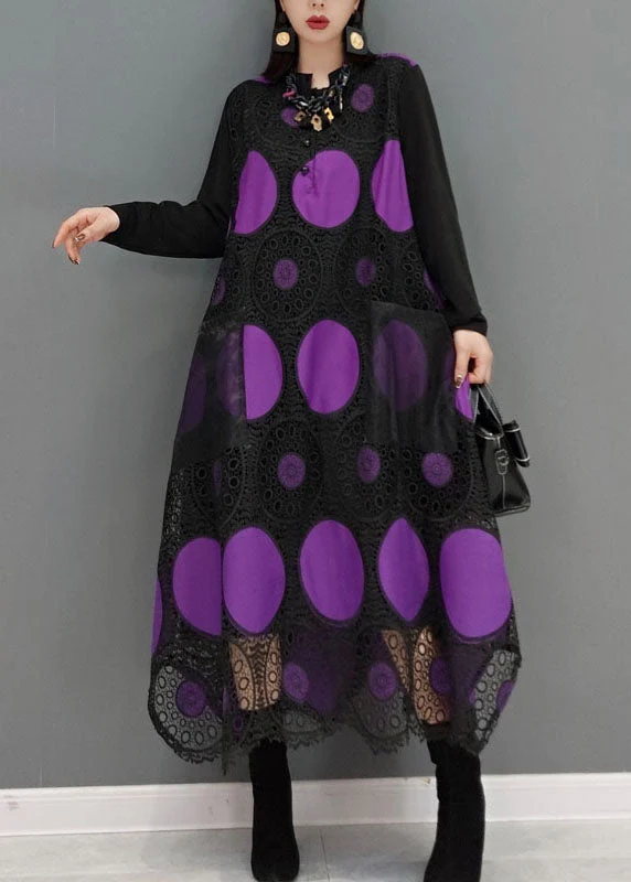 Fashion Purple pockets dot print Patchwork lace Maxi Dress Spring - Image 2