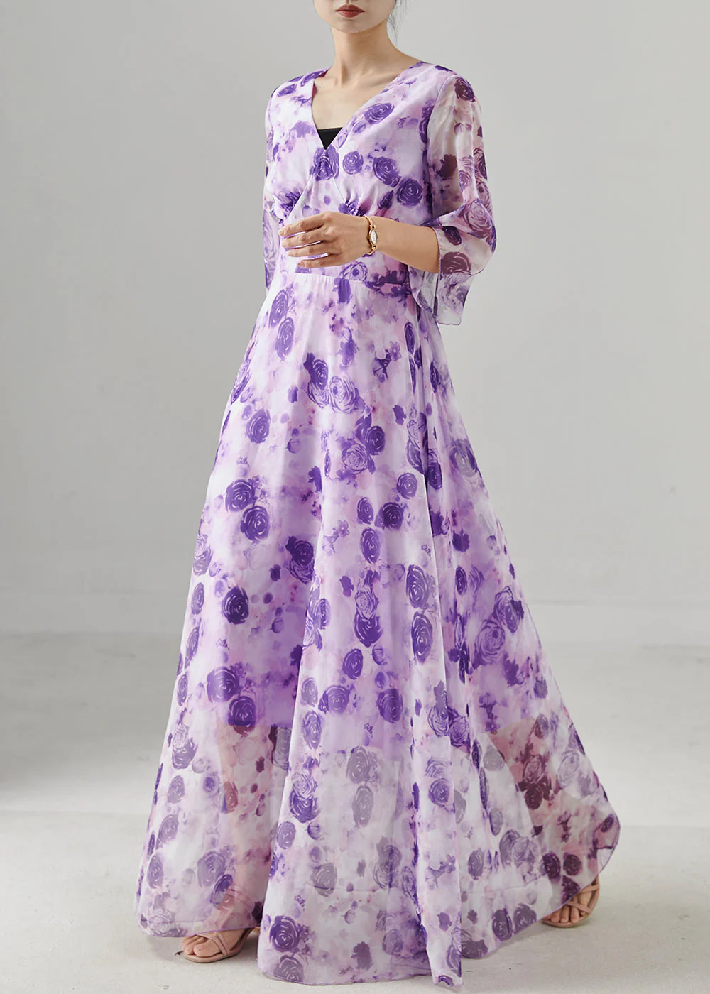 Fashion Purple Print Exra Large Hem Chiffon Long Dresses Summer - Image 3
