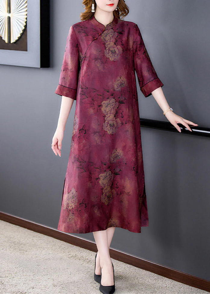 Fashion Purple Stand Collar Print Button Side Open Silk Long Dresses Summer - Image 2