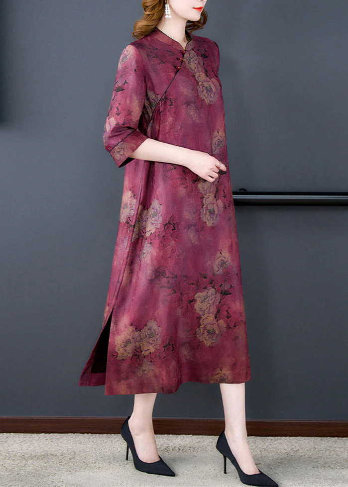 Fashion Purple Stand Collar Print Button Side Open Silk Long Dresses Summer - Image 3