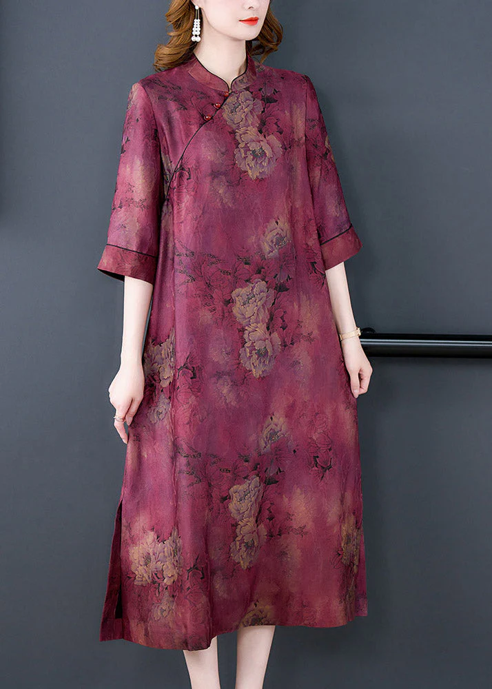 Fashion Purple Stand Collar Print Button Side Open Silk Long Dresses Summer - Image 4